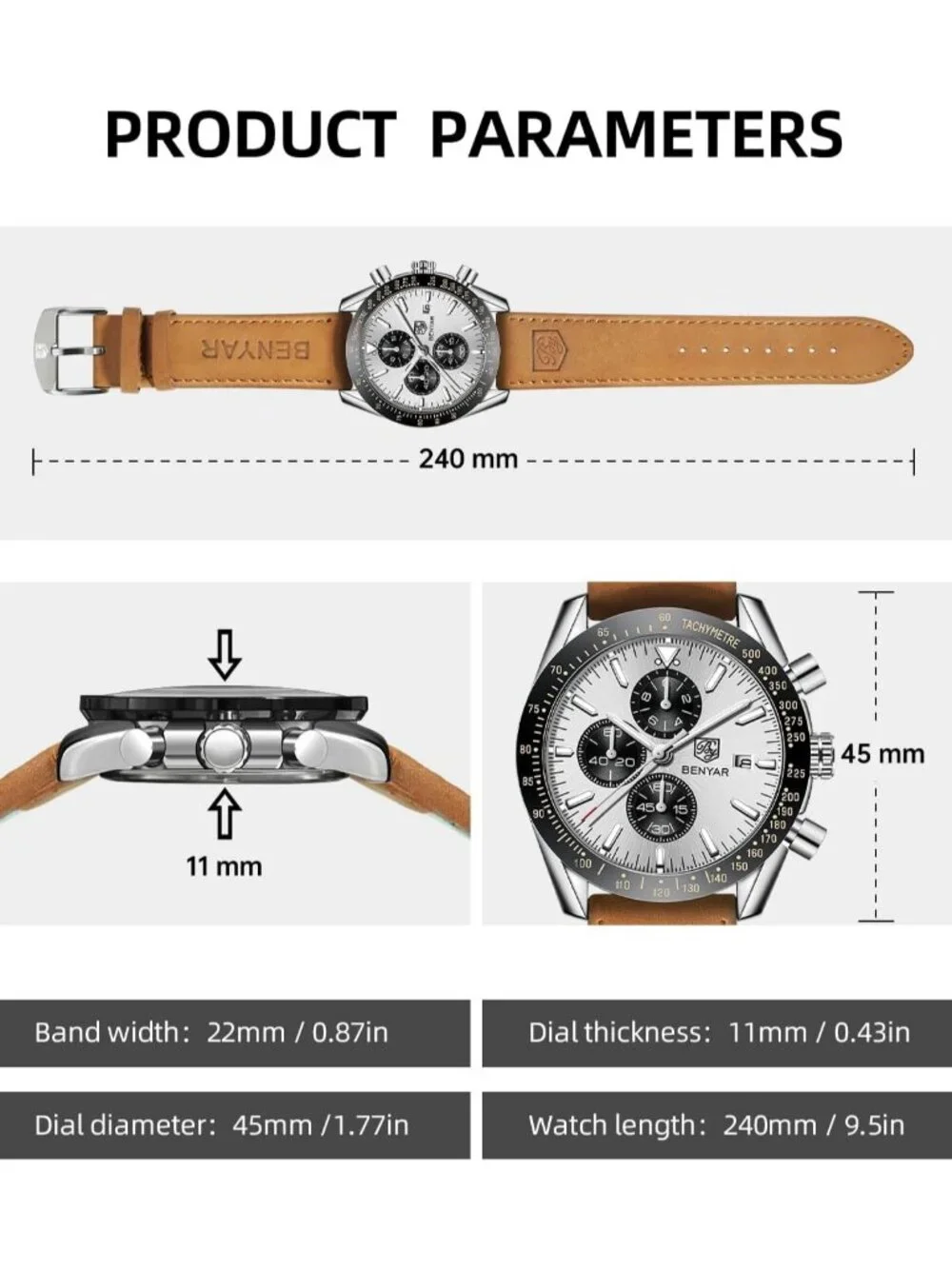 Men's White Dial Analog Brown Silicone Strap Chronograph Luminous Casual Watch